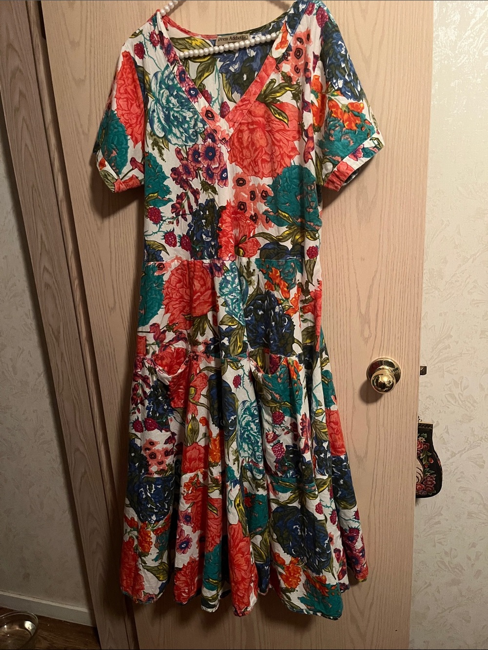 Floral V-Neck Midi Dress in Coral, Teal & Navy - Women